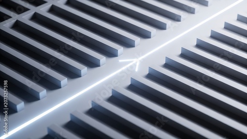 Abstract illustration featuring geometric grid structure with central glowing light arrow.