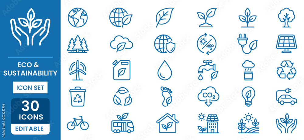 Fototapeta premium Eco Sustainability and Green Energy Line Icon Set, Editable Renewable Environment Outline Symbols Collection, Clean Energy, Recycling, Solar Power and Sustainable Living Vector Pack