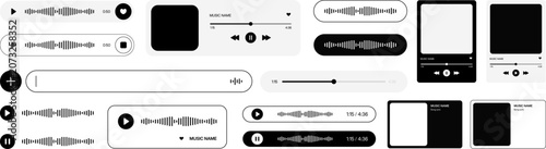 Music Player Interface Mockup Collection with Album Cover, Audio Waveform Controls and Minimal Monochrome UI Components Vector Set