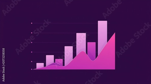 Digital bar chart showing business growth trends with purple gradient and upward trend line graph.
