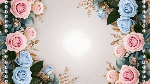 Beautiful pastel pink and blue roses border with gilded leaves and sparkling gems frame wedding card.