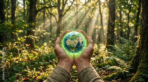 Hands delicately cradle a glowing green planet inside a sunlit forest to symbolize environmental conservation.