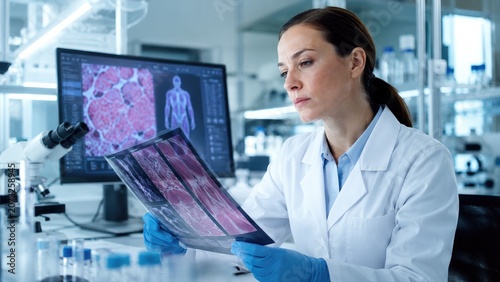 Female scientist in lab coat and gloves examining histology scans and slides in a modern biomedical laboratory