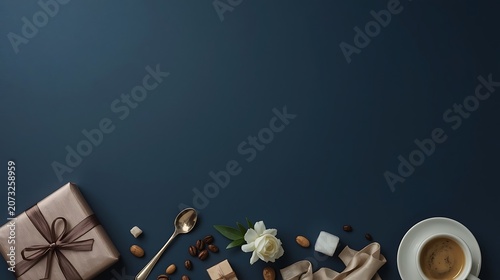 Elegant gift box with ribbon and coffee cup and flower flat lay.