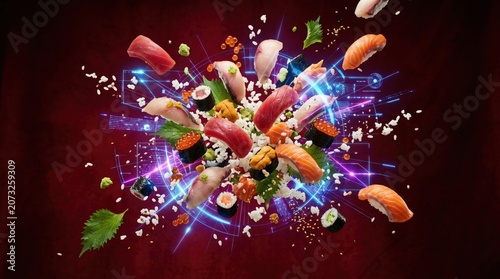 Colorful sushi explosion with assorted rolls and sashimi on a digital background