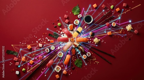 Vibrant sushi platter with colorful ingredients and creative presentation on a red background