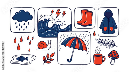 Canvastavla Weather doodle vector set, hand-drawn rainy season elements, storm clouds, ocean waves, rain boots, umbrella, and raincoat illustrations, perfect for autumn designs and climate concepts