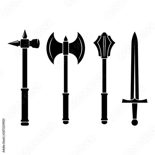 Photos Set of medieval fantasy weapons war hammer axe mace and sword silhouette