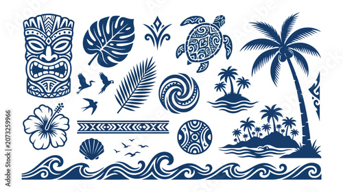 Foto Tropical island vector collection, Hawaiian tiki mask, palm trees, sea turtle, hibiscus flower, and ocean waves