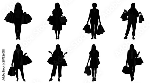 Photos Silhouettes of people carrying shopping bags on white background