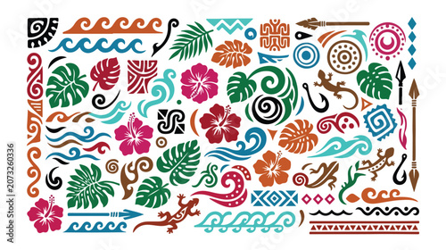 Foto Vibrant Hawaiian vector design elements, tropical floral and leaf patterns, exotic island motifs, a comprehensive collection of Polynesian tribal art for summer branding and decor