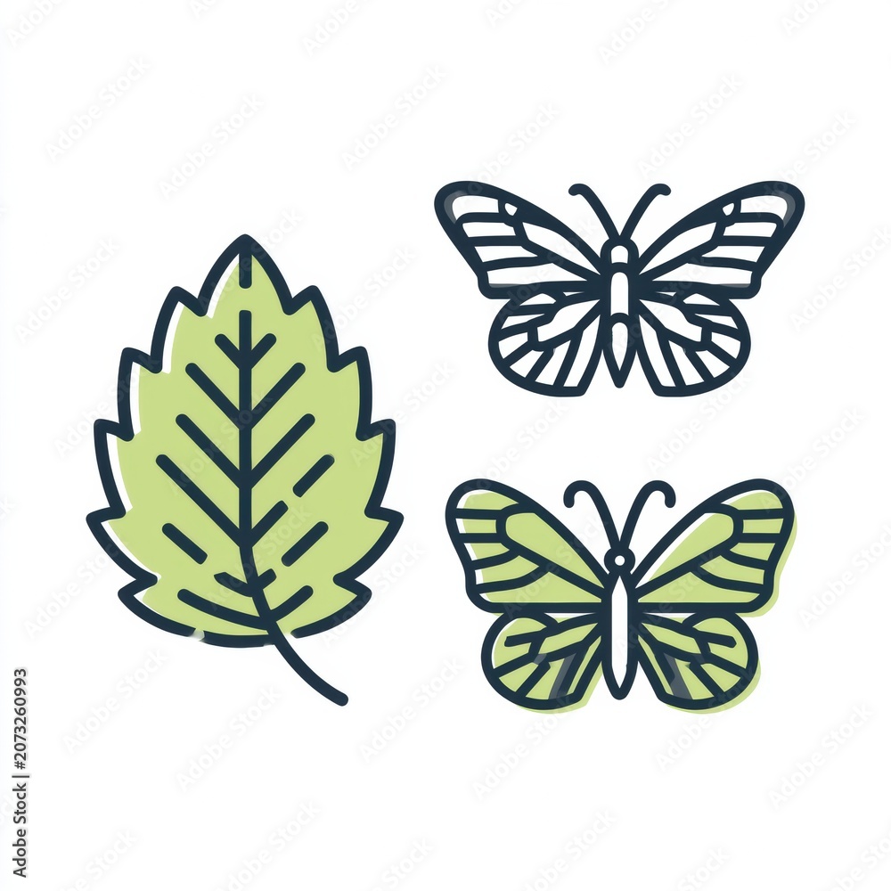 Fototapeta premium A leaf and two butterflies designed in two-tone line art with a green and dark outline on a plain background.