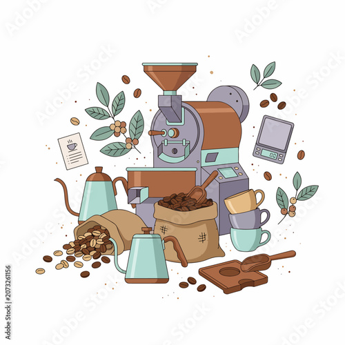 Картината върху платно Coffee beans and brewing equipment illustration 2.
