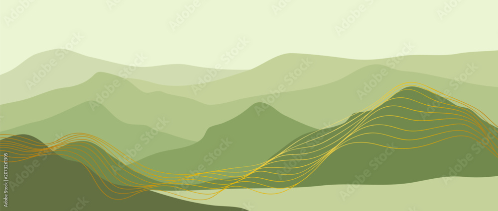 Fototapeta premium Landscape mountains with line art texture. Geometric landscape background in Flat style. mountains, hills and forest. use for print art, poster, cover and banner