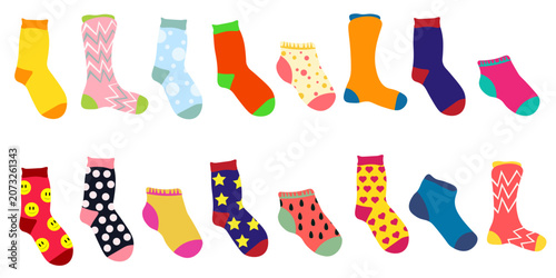 Large collection of colorful socks in different styles, patterns and colors. Cute cartoon vector illustration isolated on white background. Perfect for apparel design, laundry themes, textile prints, 