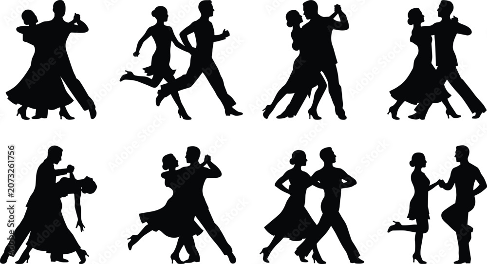 Obraz premium Black silhouettes of professional ballroom dancers and couples dancing salsa, tango, and waltz, isolated on white background