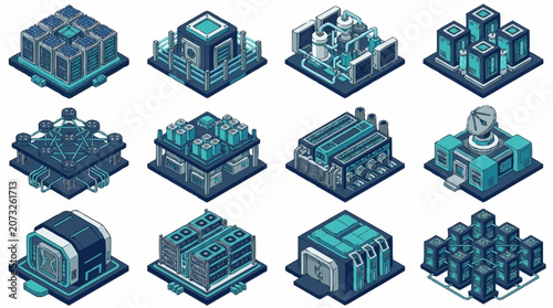 Isometric futuristic city buildings in blue and teal tones.