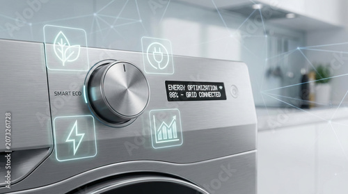 Smart eco technology iot energy optimization grid connected modern washing machine control panel with digital display in bright kitchen