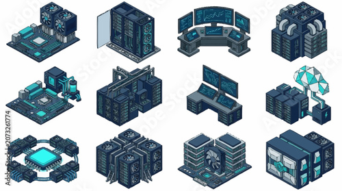 Isometric Data Center Buildings with Servers and Networks.