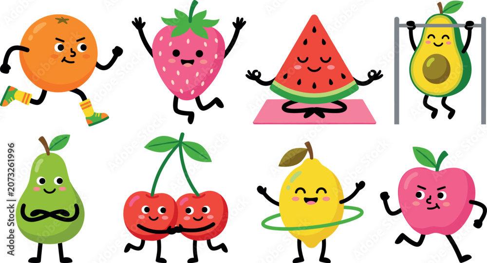 Fototapeta premium Cute cartoon fruit characters icon set doing fitness workouts yoga and running exercises vector illustration