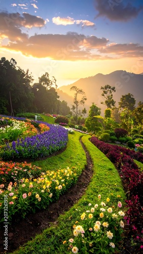 Vibrant Flowers in Serene Garden Landscape.