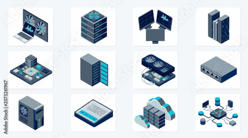 Isometric Technology Server Room Icons Collection.