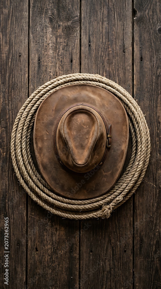 Fototapeta premium Brown leather cowboy hat centered inside a coiled lasso on wood floor