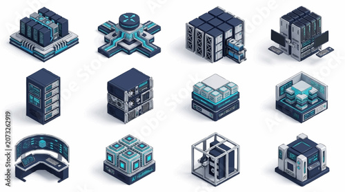 Isometric futuristic data center buildings collection.