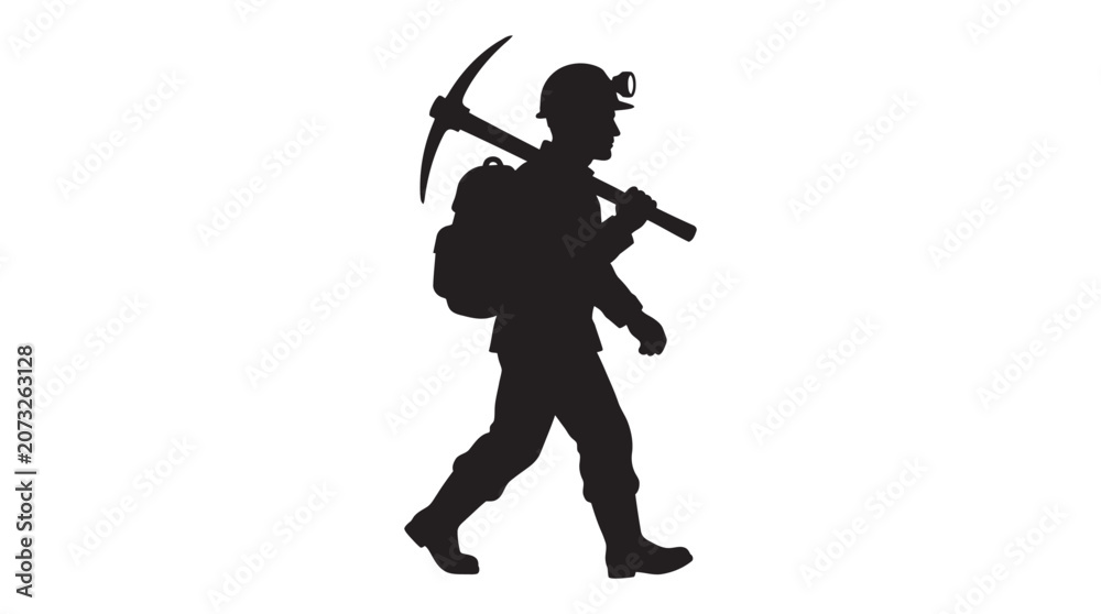 Obraz premium Miner Carrying Pickaxe And Backpack Black Silhouette