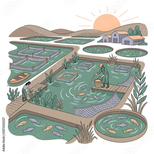 Obraz na plátně Fish farm with ponds and buildings.