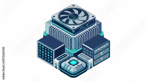 Canvas Print Isometric Computer Hardware Stack with Cooling Fan.