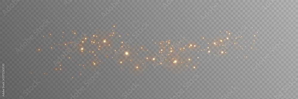 Fototapeta premium Gold glitter light effect. Sparkling particles and glowing bokeh on transparent background. Luxury festive decoration for celebration, holiday or elegant design. Vector illustration.