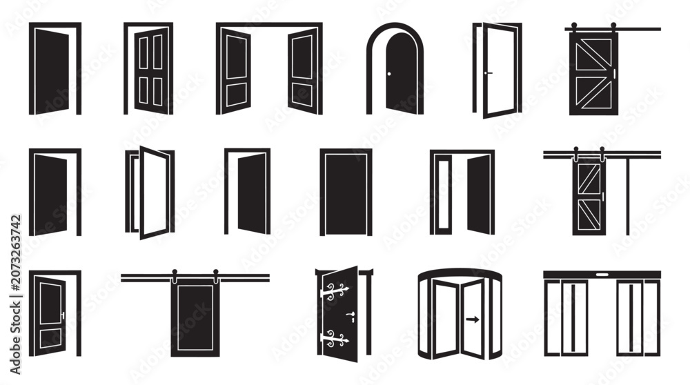 Obraz premium Collection Of Door Silhouettes In Black And White Flat Style Silhouette