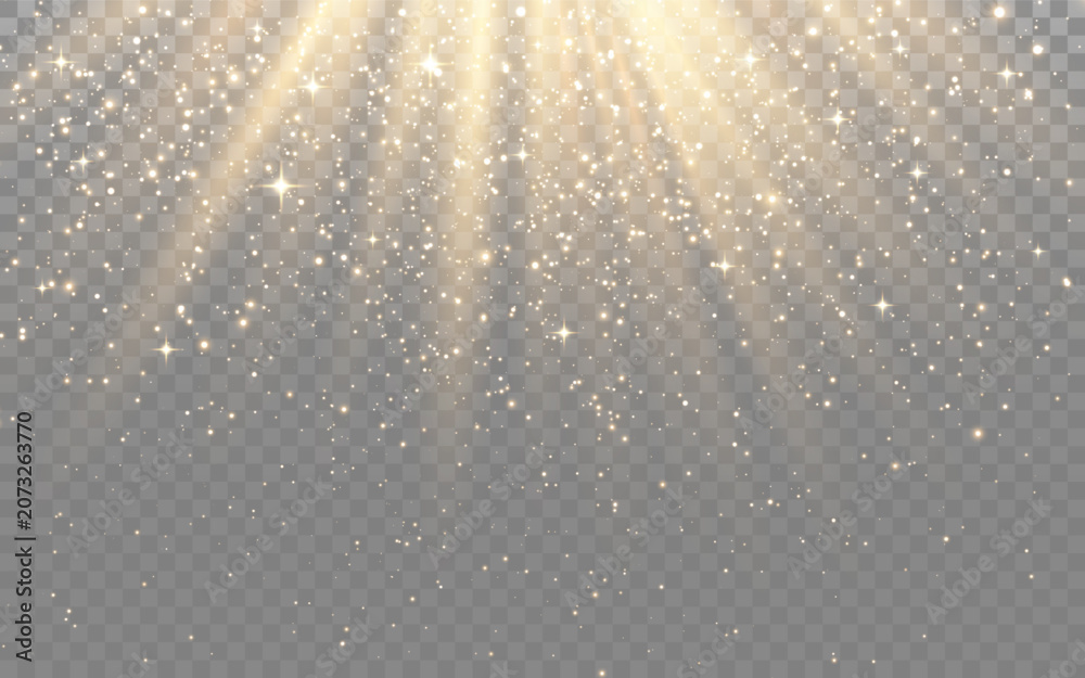 Fototapeta premium Gold glitter background with sparkling light rays. Glowing particles and luxury golden effect on transparent backdrop. Elegant festive overlay for celebration or holiday design. Vector illustration.
