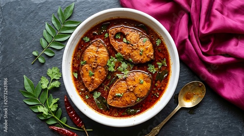 Spicy indian fish curry with curry leaves and red chili