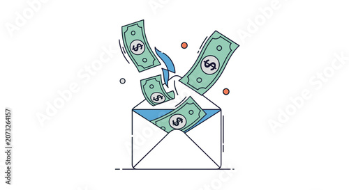 White envelope with several green dollar bills flying out of it representing wealth success and money transfers on a white background.