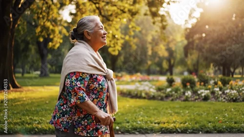 Elderly Woman Walking With Cane During Golden Sunset, Floral Blouse And Shawl, Soft Backlight Through Trees, Park Garden Path, Gentle Smile And Steady Pace, Peaceful Reflective Mood And Warm Tones