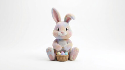 Cute pastel Easter bunny plush toy with basket of colorful eggs