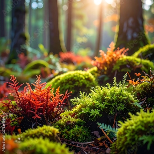 Vibrant forest floor with moss and ferns.