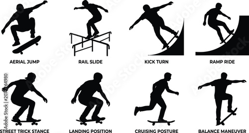 Bild auf Leinwand Skateboarding Silhouette Collection Featuring Aerial Tricks Rail Slides Ramp Rid