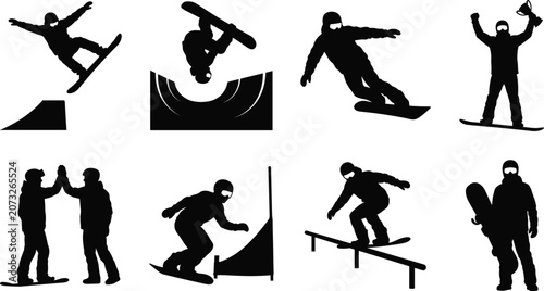 Fotografi Snowboarding Silhouette Collection Featuring Freestyle Tricks, Rail Slides, Half