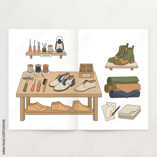 Foto Shoe repair tools and accessories displayed.