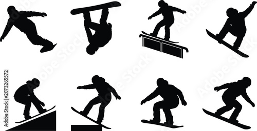 Tableau sur toile Snowboarding Silhouette Collection Featuring Freestyle Tricks, Jumps, Rails and