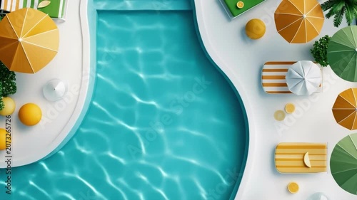 Aerial view of poolside with colorful umbrellas and lounge chairs