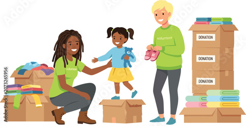 Foto Friendly Volunteers Giving Clothing and Toys to a Little Girl at Charity Donatio
