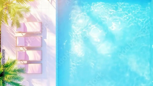 Sunlit poolside bliss with pink loungers and sparkling water