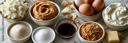 Minimal flat lay of small white ceramic bowls on marble, containing baking ingredients like eggs, sugar, butter, and cream cheese in soft natural light.