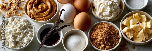 Clean kitchen composition featuring separated bowls of cottage cheese, peanut butter, and baking essentials on a white marble surface.