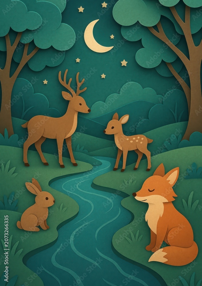 Fototapeta premium Whimsical forest animals under moonlight.