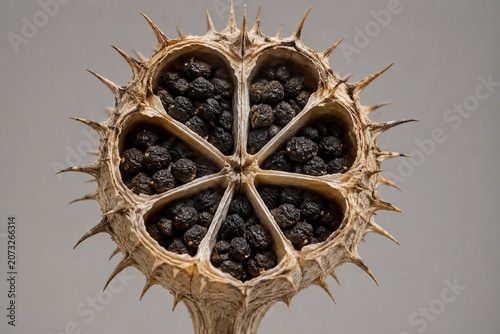A dried datura seed pod split open, revealing a radial pattern of dark seeds inside.